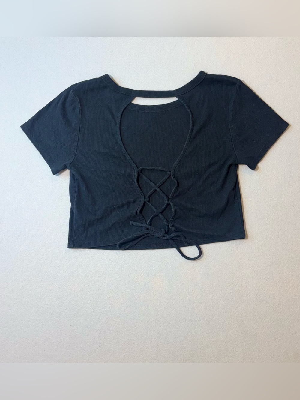 WILD FABLE | Black Ribbed Lace Up Back Crop Top Size L
